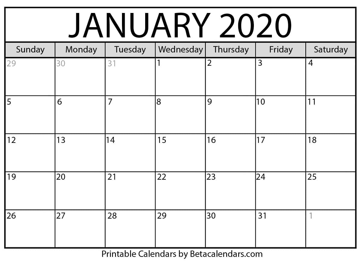 Printable calendar 2020 January month