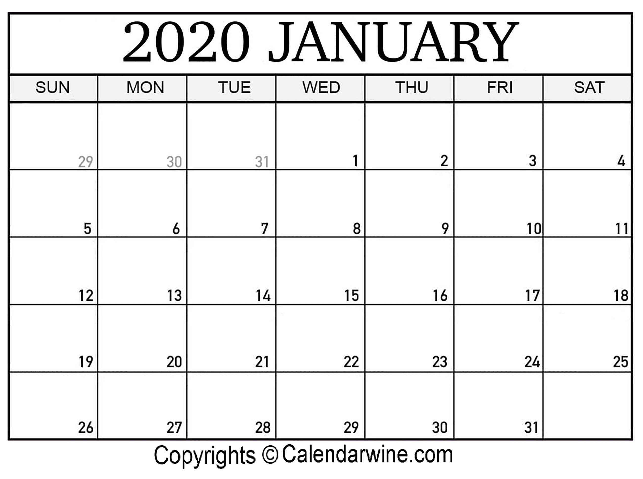 Printable calendar 2020 January month