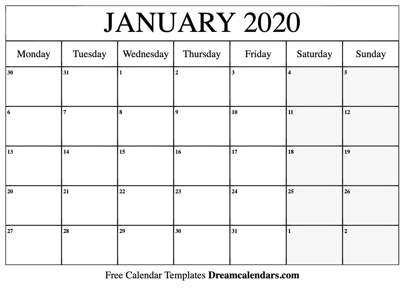 Printable calendar 2020 January month