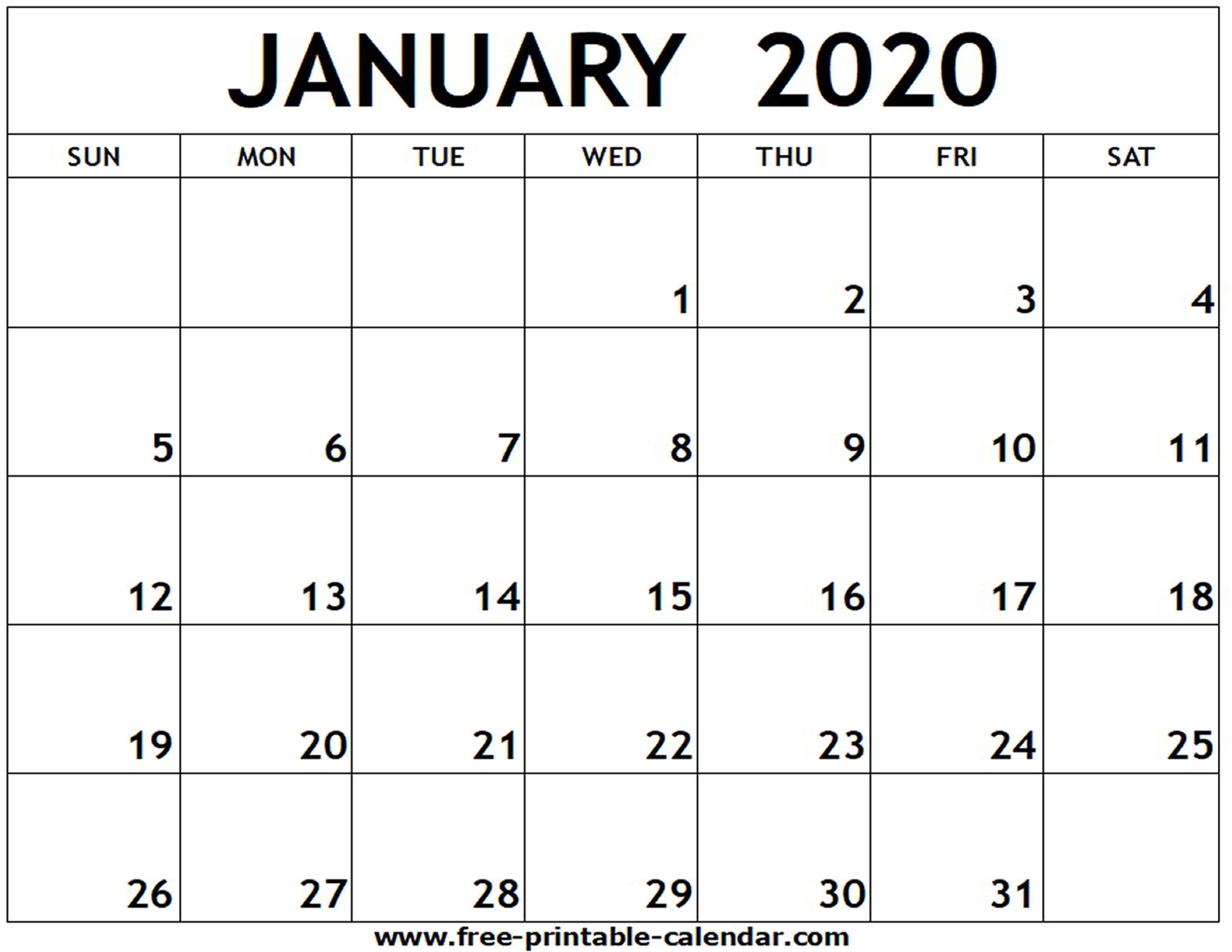 Printable calendar 2020 January month