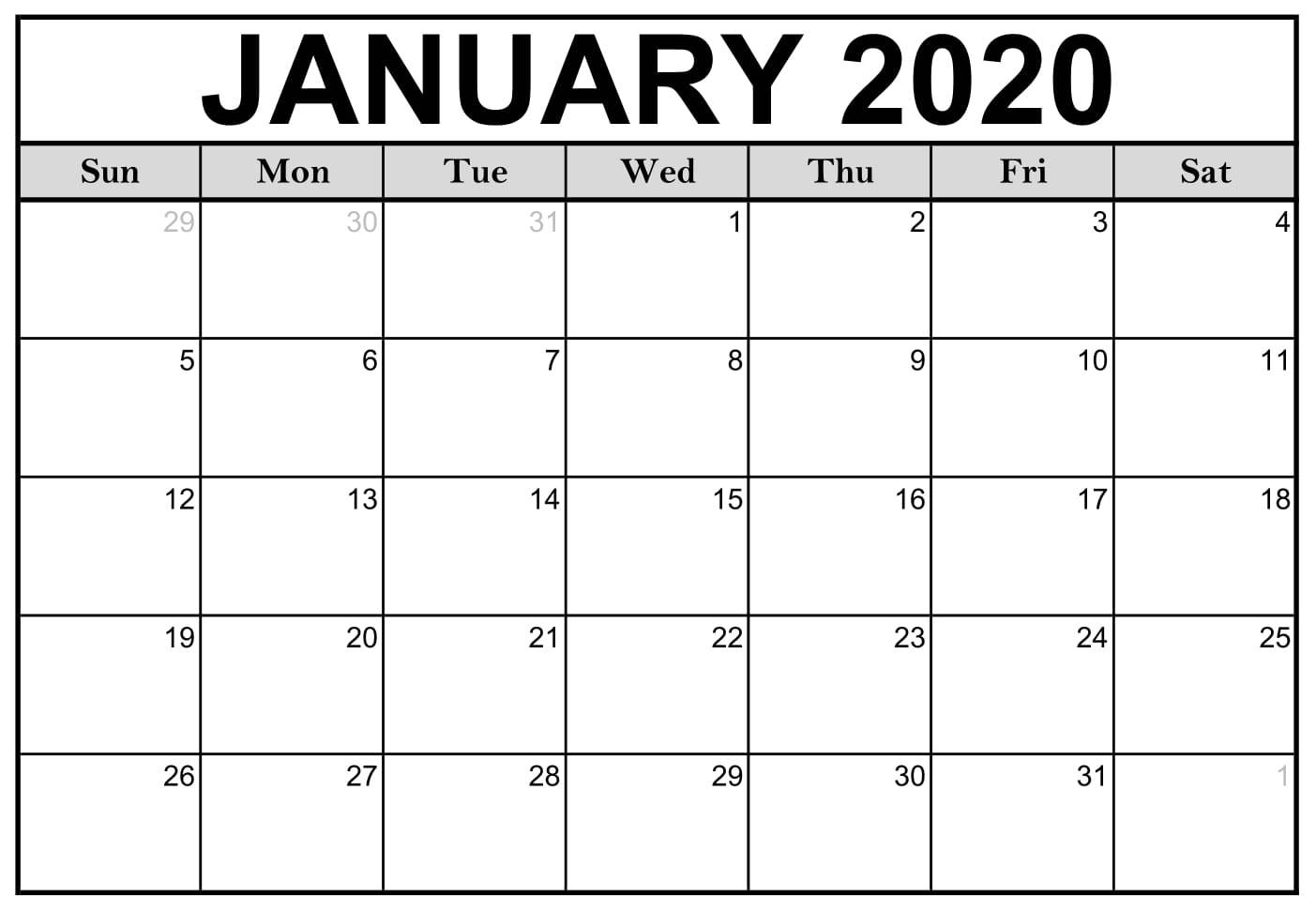 Printable calendar 2020 January month