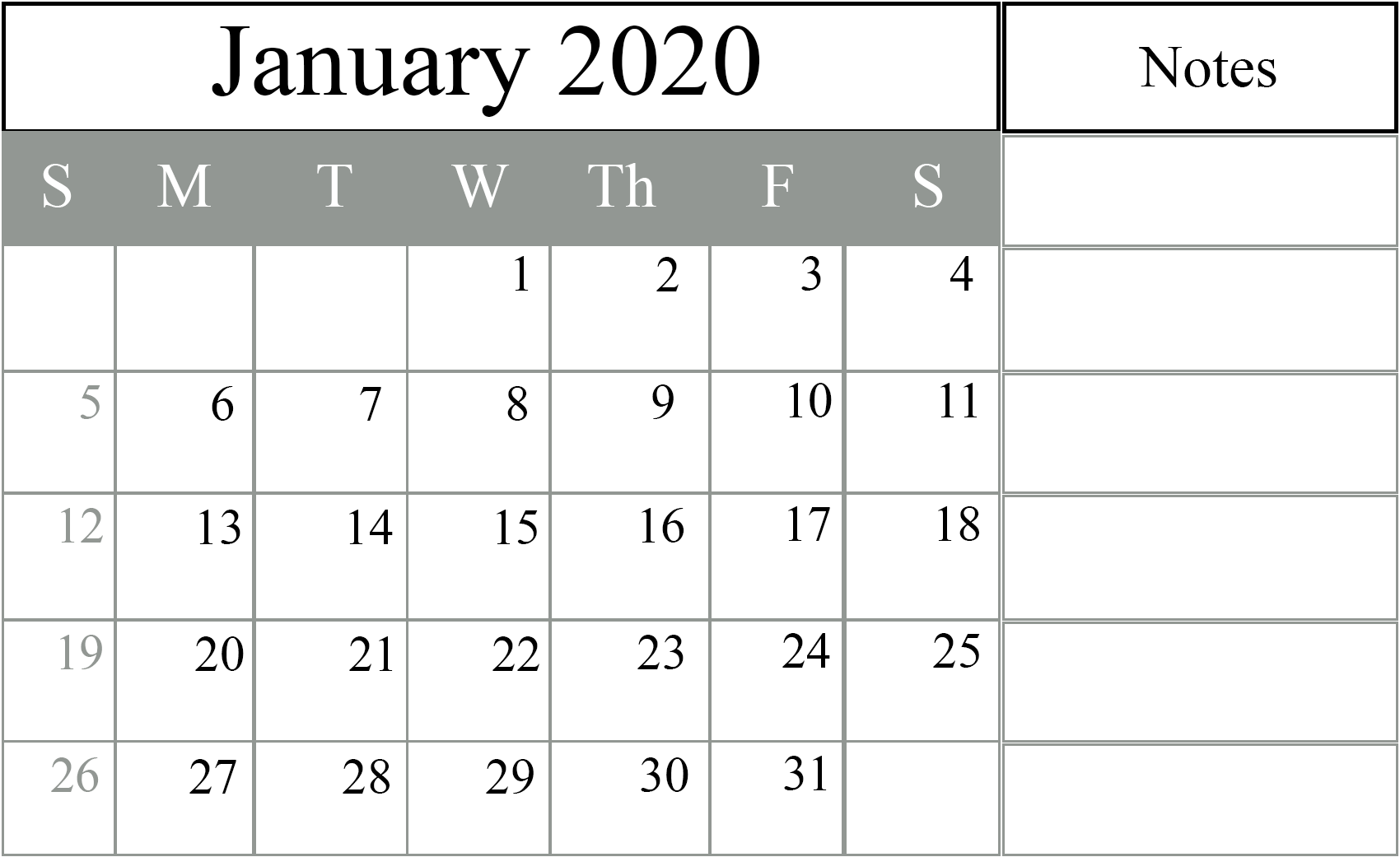 Printable calendar 2020 with notes