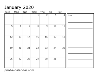 Printable calendar 2020 with notes