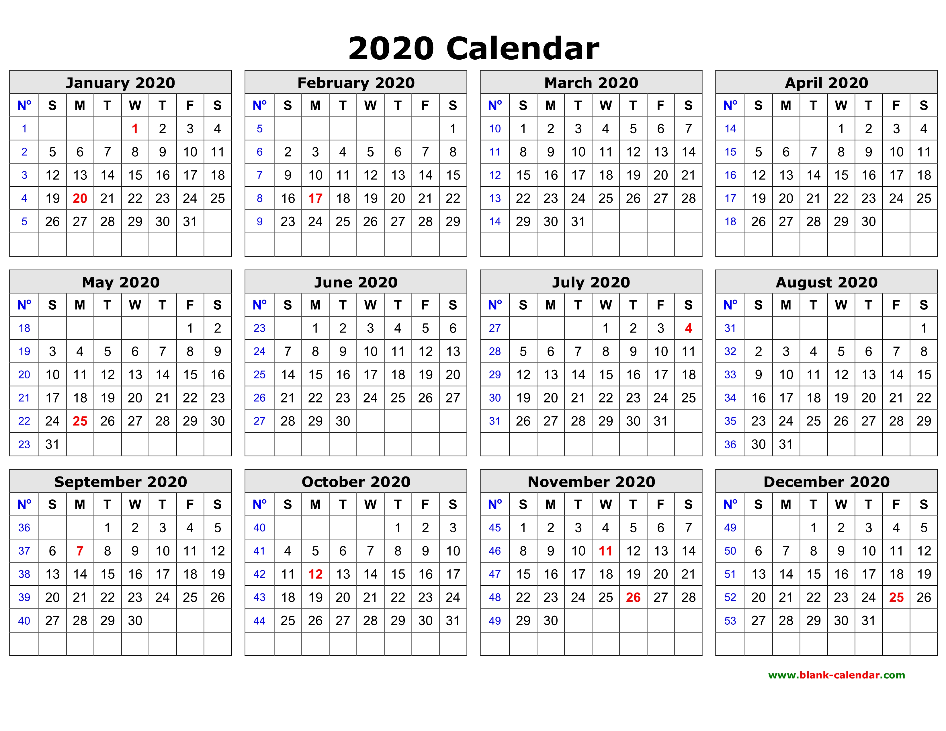 2020 calendar printable one page
