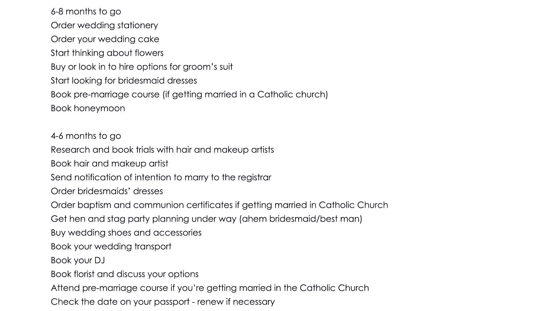 Printable wedding checklist for planning all functions