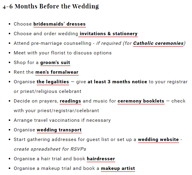 Printable wedding checklist for planning all functions